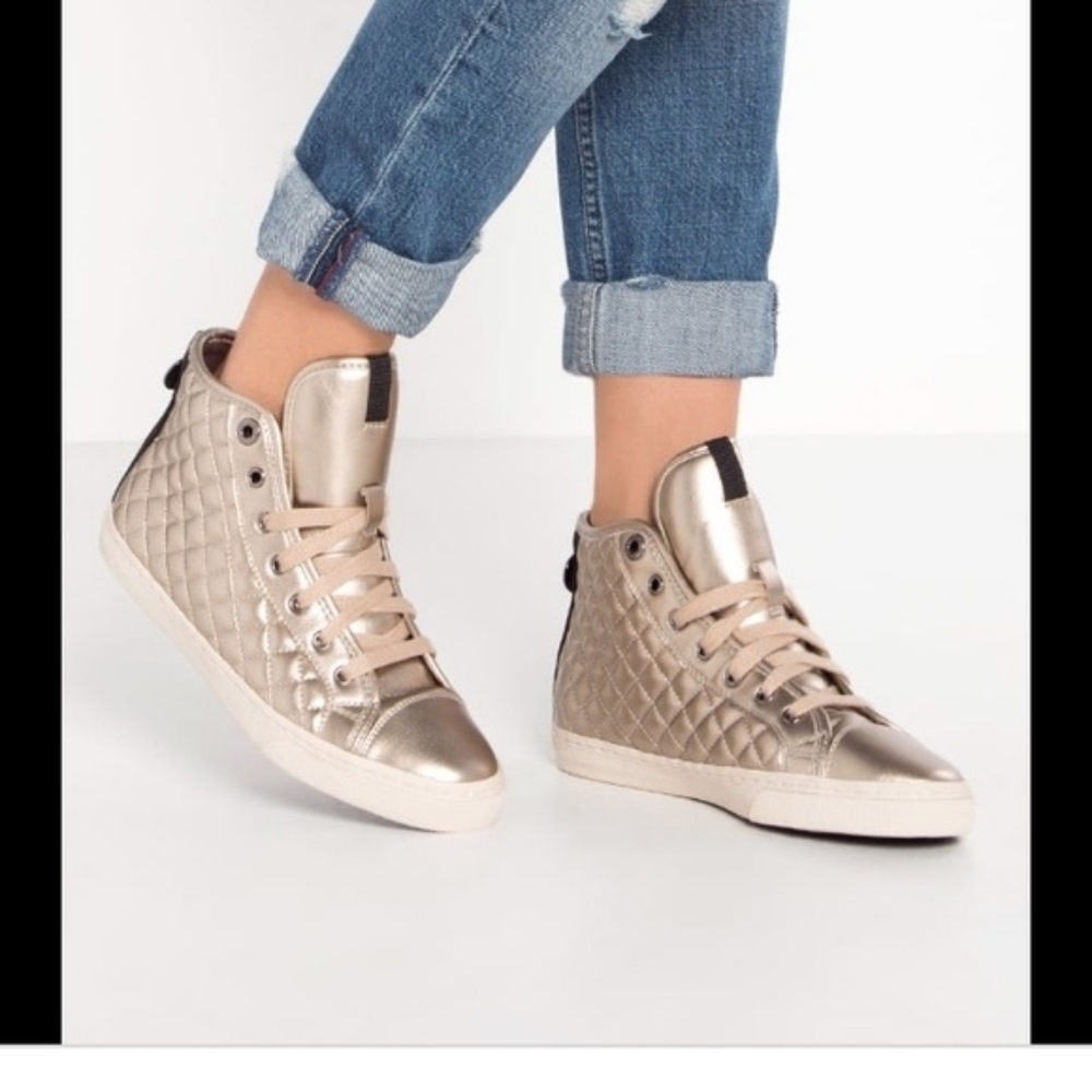GEOX RESPIRA New Club High Top Boots Quilted Sneakers in Champagne Gold Size 7